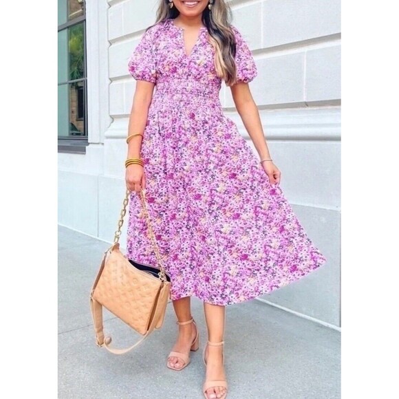 J Crew Puff Sleeve Smocked Midi in Pink Floral Fields Preppy Dress Size L NWT - Picture 3 of 16